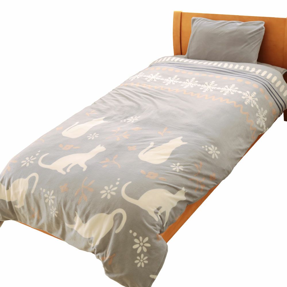 掛け布団カバー さらにあったかフランネル掛けカバー ダブル 猫柄 グレー